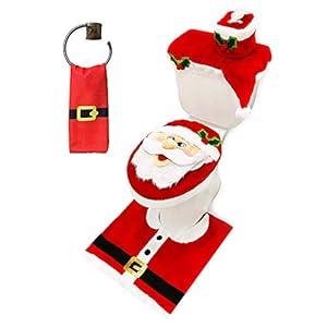 JOYIN 5 Pieces Christmas Theme Bathroom Decoration Set w/ Toilet Seat Cover, Rugs, Tank Cover, Toilet Paper Box Cover and Santa Towel for Xmas Indoor Décor, Party Favors (Santa)