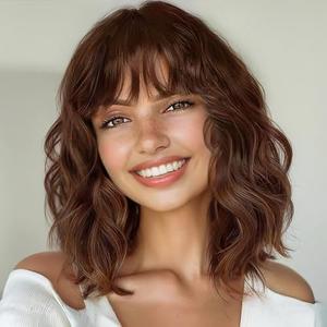 AISI HAIR Synthetic Wavy Curly Bob Wig with Bangs Brown Highlight Short Hair for Women Synthetic Heat Resistant Bob Wigs