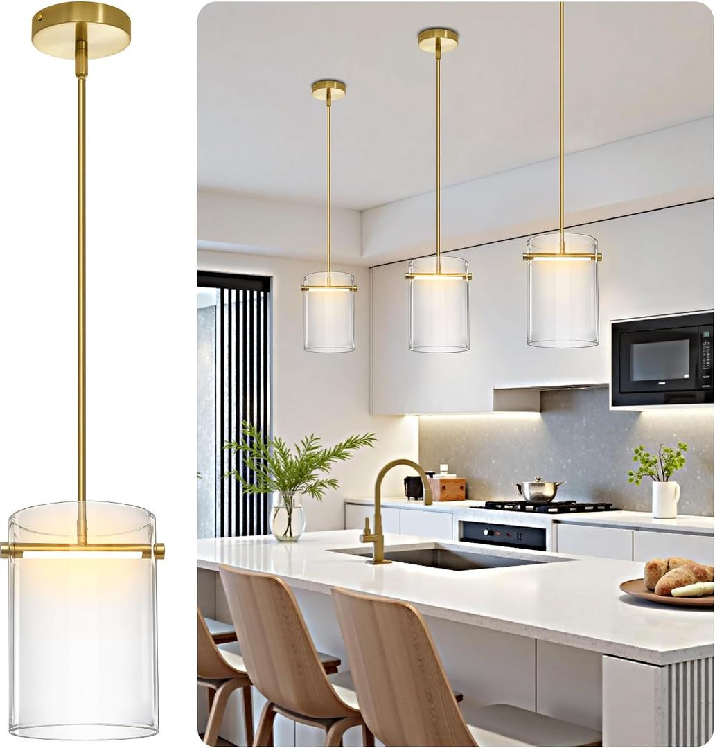 Biewalk Gold Pendant Lights Kitchen Island with 10.2" Clear Glass Shade, Adjustable Modern Pendant Lighting Over Sink with LED, Minimalist Hanging Light Fixture for Dining Room Kitchen Bedroom