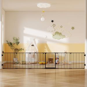 144" Extra Wide Baby Gate with Door, Configurable 6 Panels Baby Fence, Fireplace Gate with Anti-Trip Pedal, Family Essentials Safety Gate for Child Dogs Pets, 28'' Tall Black