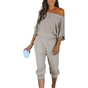 PRETTYGARDEN Women's 2 Piece Ribbed Tracksuit Outfits Off Shoulder Long Sleeve Pullover Lounge Pants with Pockets (X-Large, Grey)