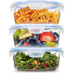 FineDine 6-Piece Superior Glass Food Storage Containers Set, 32oz Capacity - Newly Innovated Hinged Locking lids - 100% Leakproof Glass Meal-Prep Containers, Freezer-to-Oven-Safe (Blue)