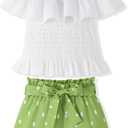 Toddler Girl Clothes Tie Knot Shoulder Sleeveless Ruffle Tops Bow Tie Waist Shorts Toddler Clothes for Girls (4-5T, Green)