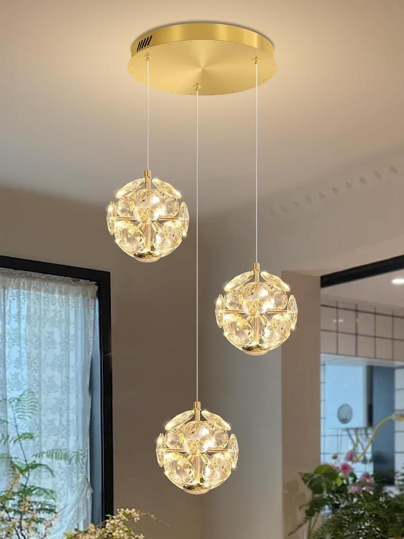 ykolupty Pendant Lights Kitchen Island 3-Light Gold Crystal Island Lights Dining Foyer Entrance Modern Chandeliers LED Dimmable 2700-6000K