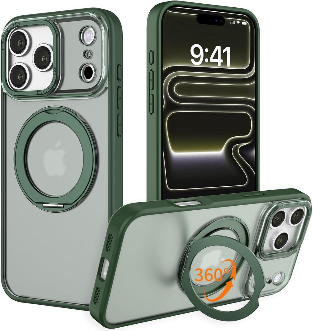 IYH 360 Rotatable Magnetic Case for iPhone 17 Pro Max, Military-Grade Shockproof Phone Cover with Matte Translucent Back(Green)