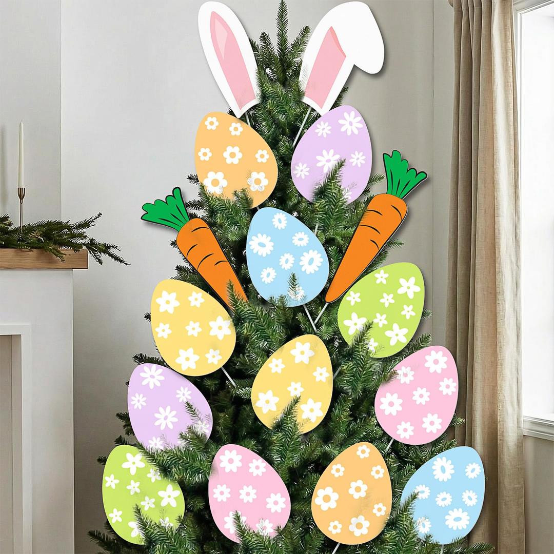 Norme 16 Pcs Easter Decorations Tree Picks Ornaments 8 Inch Large Colorful Egg Bunny Ear Carrot Tree Topper Decorations Colored Egg Ornaments for Spring Party School Office Vase Decor