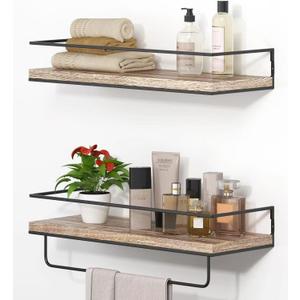 Shario Rustic Wood Floating Shelves - Set of 2, Wall Mounted Hanging Shelves with Black Towel Rack, Decorative Storage Shelves for Bathroom, Kitchen, Living Room & Bedroom (Light Wood, 15.7 Inches)