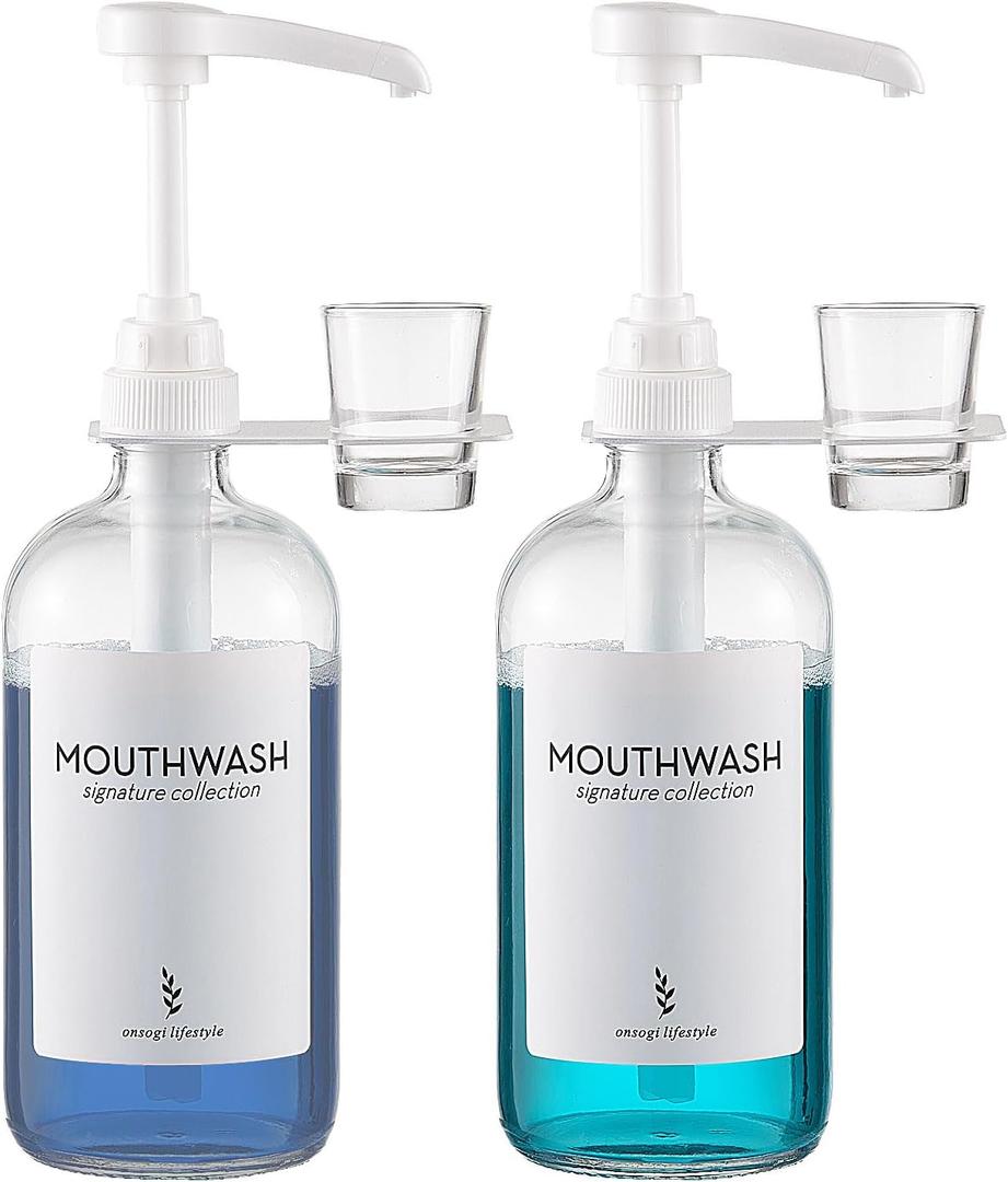 Glass Mouthwash Dispensers with Cup Holders and Pumps, 16 Oz Rustic Boho Mouthwash Dispensers for Bathroom Farmhouse Decor - 2 Pack Clear