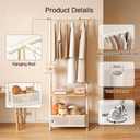 Coat Rack Freestanding with Wheels, 3-Tier Storage Garment Rack with Storage Basket, Rolling Organizer for Coats, Hats, Bags & Clothes, Coat Hanger Stand for Entryway Bedroom (H 66.9" x W 24)