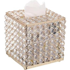 Sumnacon Crystal Square Tissue Box Cover - Sparkling Glass Cube Tissue Box Holder, Decorative Facial Tissue Holder for Bedroom Bathroom Vanity Dresser Night Stand Table Office Home Decor, Gold