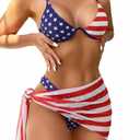 ZAFUL 3 Piece Bikini Sets for Women Ribbed Swimsuit Padded Underwire Bathing Suit Mesh Cover Up Beach Swimwear Flag Print L (L)