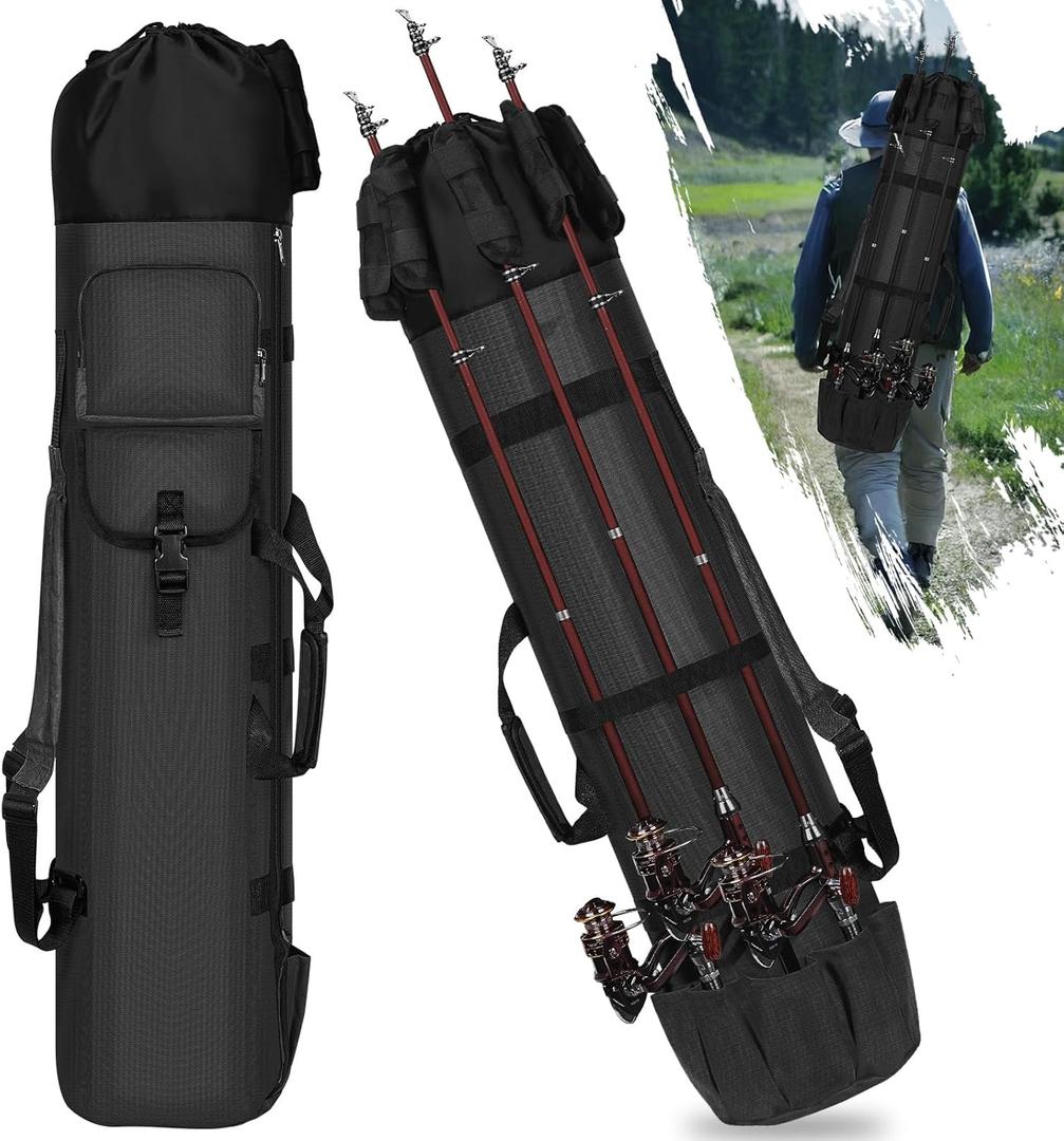 Fishing Bag Fishing Rod Case, Oxford Portable Folding Fishing Pole Bag Large Capacity Outdoor Waterproof Tackle Storage Travel Backpack Carry Organizer Fishing Accessories for Fishing Hiking, Black