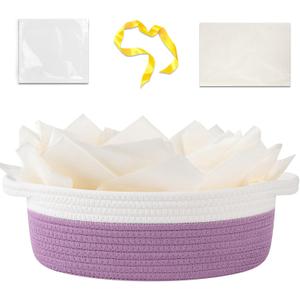 OIAHOMY Gift Basket Empty with Handle, 12"x 8"x 5" Small Woven Basket with Gift Bag, Ribbon and Wrap Tissue Paper, Dog Toy Storage for Organizing - Lilac Purple & White