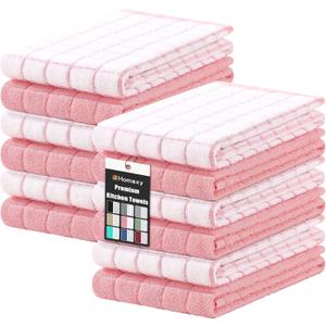 Homaxy Premium Cotton Kitchen Towels 16"x 28", Large Natural Ring Spun 390 GSM Dish Towels, Super Absorbent Terry Kitchen Hand Towels, Soft Tea Towels with Hanging Loop, Pink Check Design, 12 Pack
