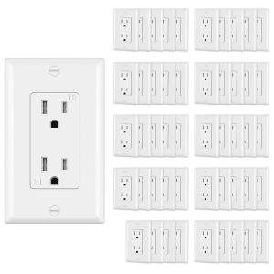 CML Decorator Wall Recetpacle Outlet, 50 Pack Tamper Resistant 15 Amp Standard Electrical Outlets, 15A/125V, 2 Pole 3 Wire, Wallplate Included, UL Listed, White