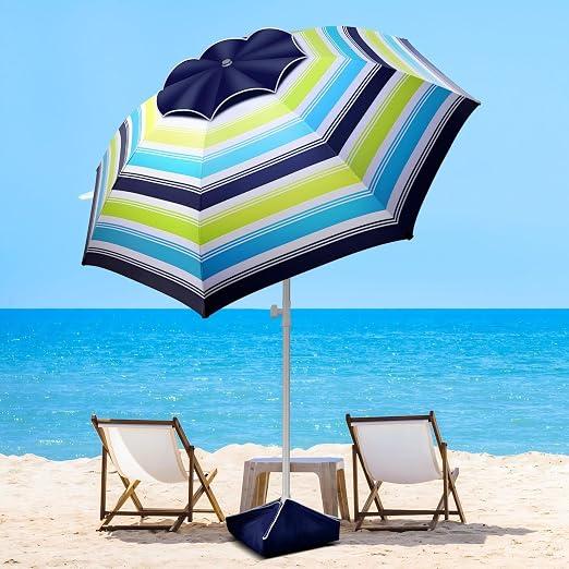 Fisqueen 8FT Large Beach Umbrella with Wind Resistance Sand Anchor Sand Bag, Portable Outdoor Umbrella with UPF50+ UV Protection, Tilt Sun Shelter for Beach, Patio, Yard