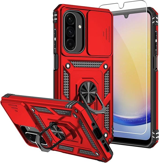 ATUMP for Samsung Galaxy A26 Case with [2 Pack] HD Screen Protector & Slide Camera Cover, Rotation Ring Kickstand [Military Grade] Shockproof Protective Case for Galaxy A26 5G- Red