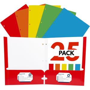Paper Pocket Folders with 3 Holes for 3 Ring Binders, 2 Pockets with Business Card Slot, Letter Size, Assorted 5 Colors, Bulk Pack for School & Office Use, Report & Presentation Folders (25)