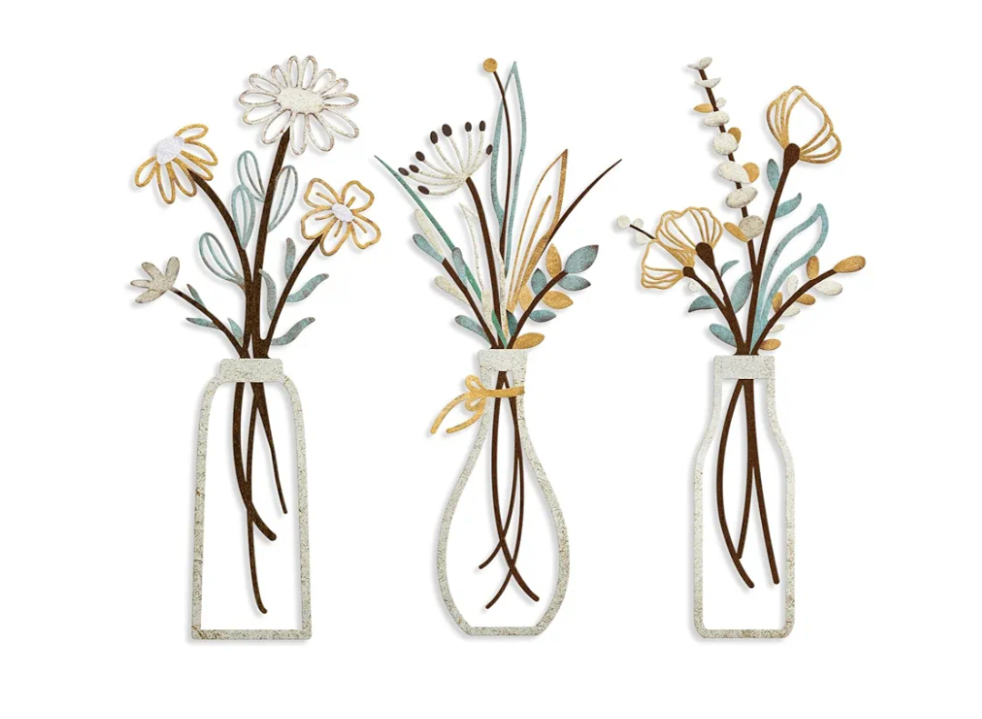 Pigort 3 Pieces Metal Flowers Wall Arts - Rustic Farmhouse Decor Beige Minimalist Flower Wall Decors for Living room Bathroom Bedroom Dining Room-Housewarming Gifts (Beige, Vase-C)