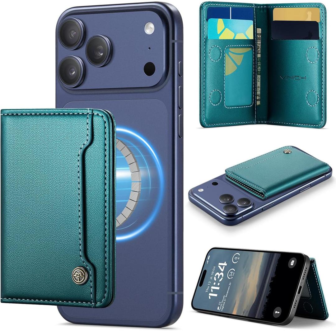 Vinich for MagSafe Wallet Magnetic RFID Blocking Card Holder Compatible with MagSafe Phones and Cases, Strong Magnet Minimalist Phone Wallet for iPhone 17/16/15/14/13/12/Pro/Max/Plus, Bluish Green