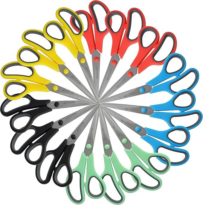 Westcott 8" Straight Stainless Steel Soft Handle Scissors, Assorted Colors, Pack of 15