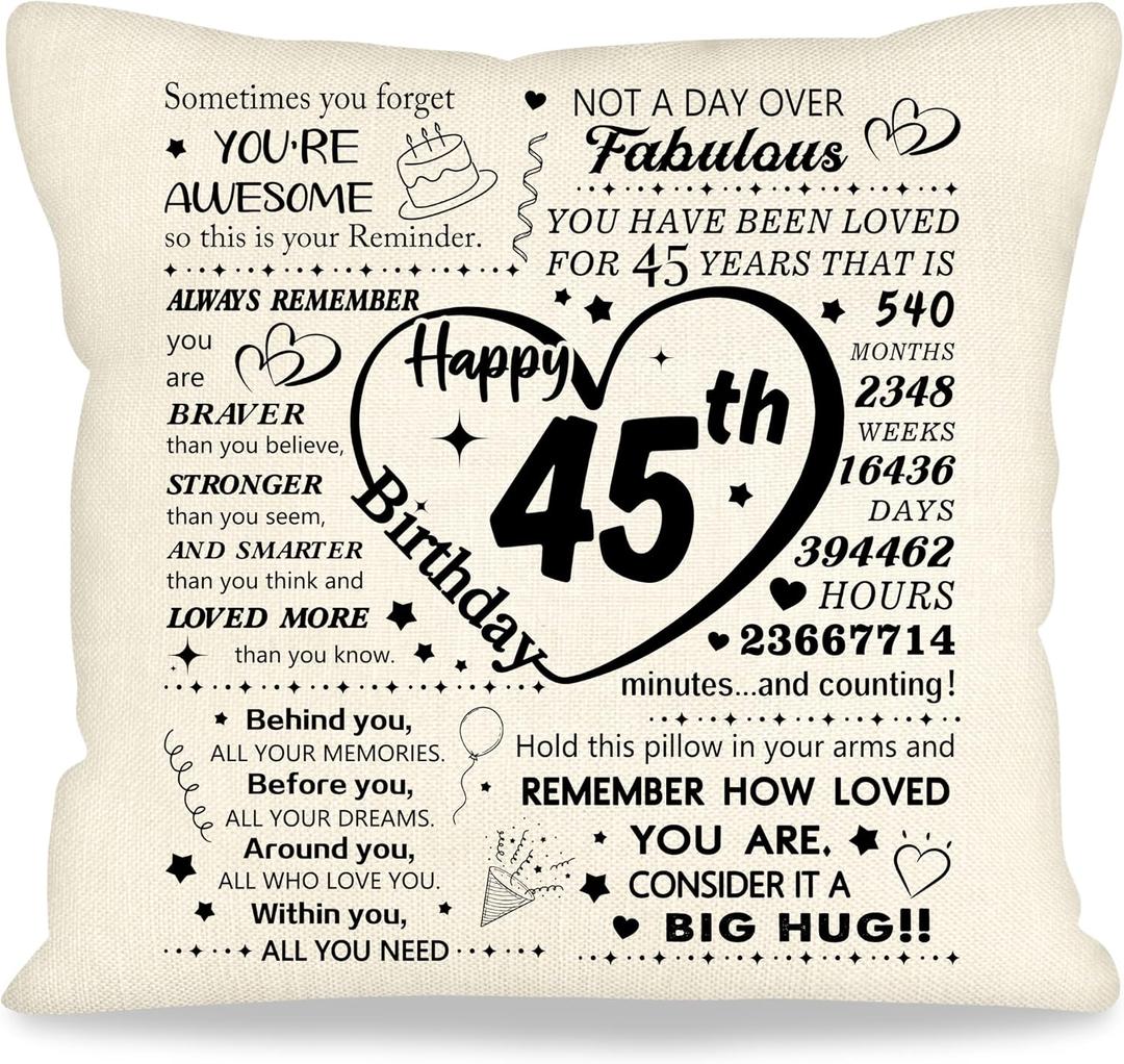 45th Birthday Gifts for Women Men Birthday Pillows Decorative Gifts for 45 Years Old Female Ideas for Mom Dad Wife Husband Aunt Best Birthday Presents Throw Pillow Cover 18 x 18 (45th)