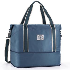 WALNEW Travel Duffel Bag, Weekender Overnight Carry On Bag for Women Men, Foldable Waterproof Gym Luggage with Metal Buckle Detachable Shoulder Strap and Wet Compartment (Peacock Blue)