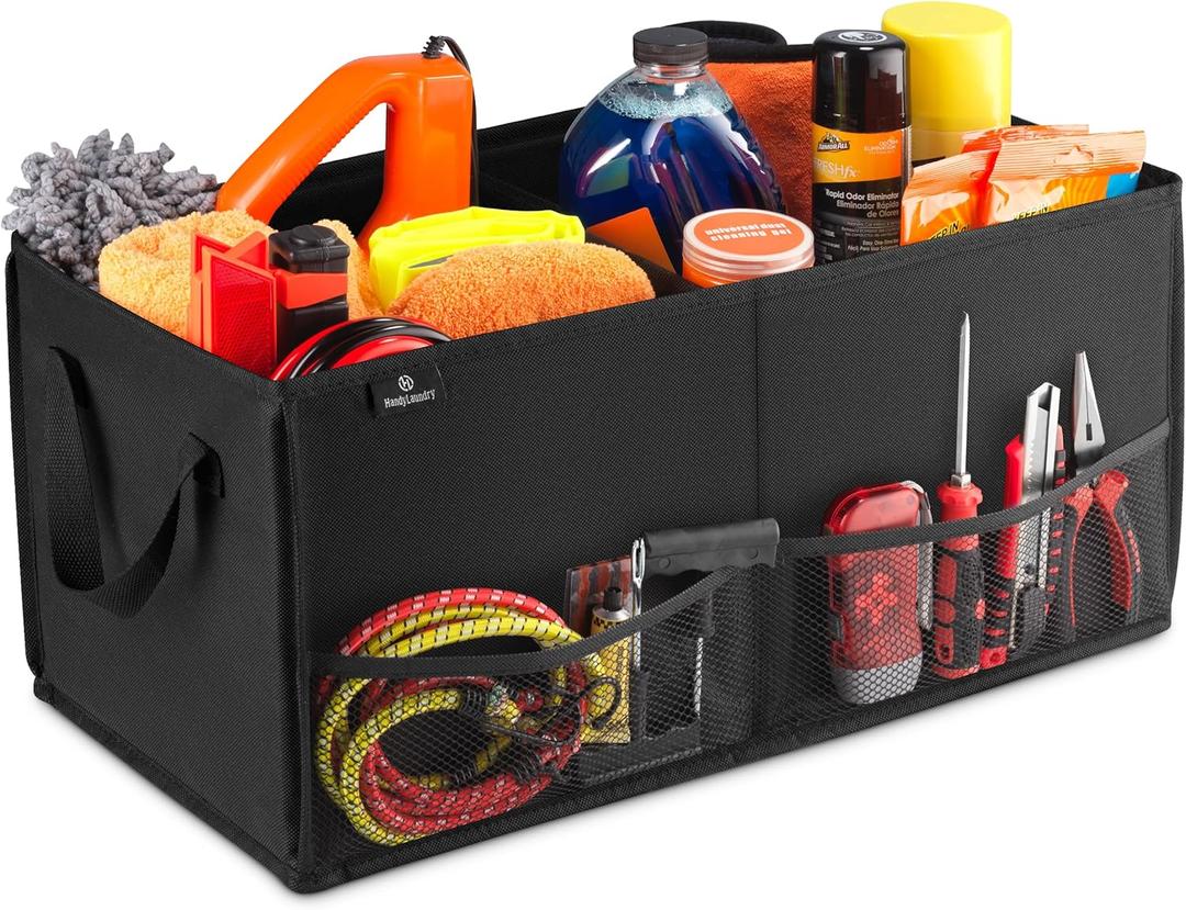 Handy Laundry Car Trunk Organizer  Large 2 Compartment Storage Bin with Non-Slip Fastener, Mesh Side Pockets & Heavy-Duty Handles, 22 x 10 x 11 in, Black  Prevents Shifting & Rolling