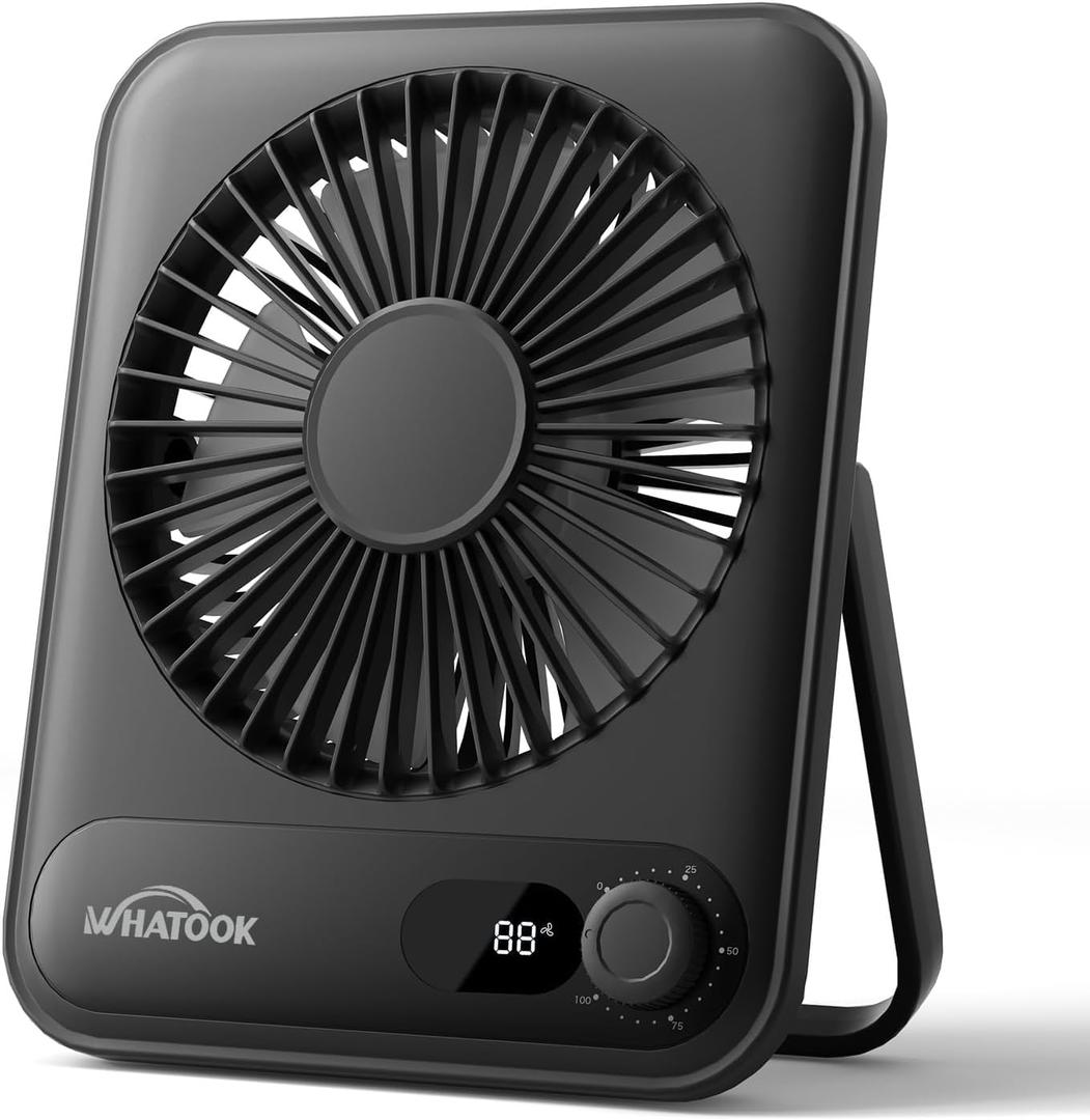 WHATOOK Small Desk Fan Personal Fans: 5000mah 25 Hours Battery Office Quiet Mini Desktop Fan Portable Rechargeable Travel Essentials (Black, 2000 mAh)