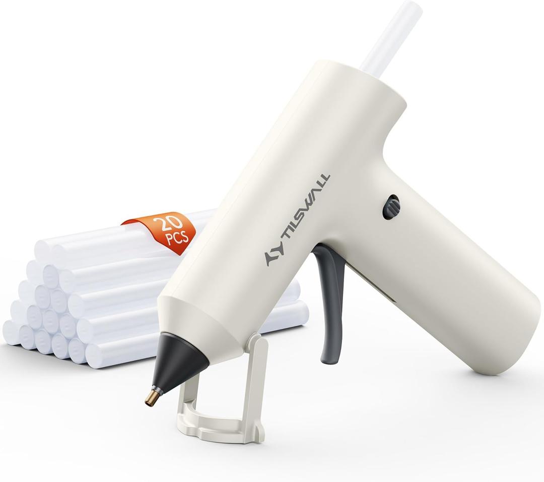 Tilswall Cordless Hot Glue Gun, Fast Preheating with 2000mAh Built-in Battery Hot Melt Glue Gun, 20 Premium Glue Sticks, Mini Glue Gun Ideal for Crafts, DIY Gift, Repairs White