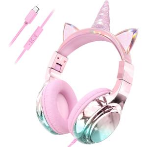 QearFun Kids Unicorn Headphones with USB C for Girls with Microphone, 85/94dB Safe Volume Limiter, Tangle-Free Cord, Share Port, Foldable Sparkly Wired Headset for School, Travel, Tablet, iPad