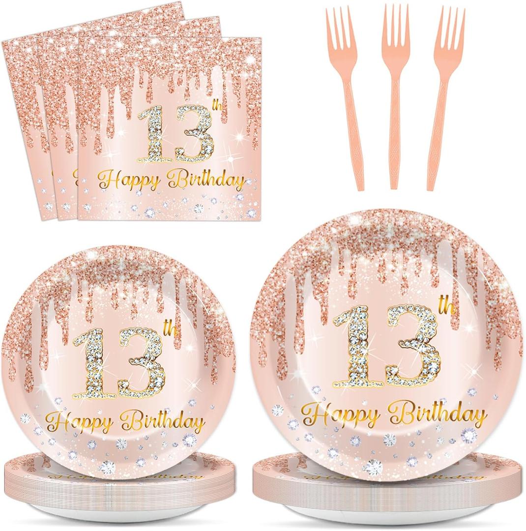 96 Pcs Happy 13th Birthday Decorations for Girls Rose Gold 13th Birthday Plates and Napkins Set Party Paper Supplies 13 Year Old Dessert Disposable Pink Gold Tableware Set for 24 Guests