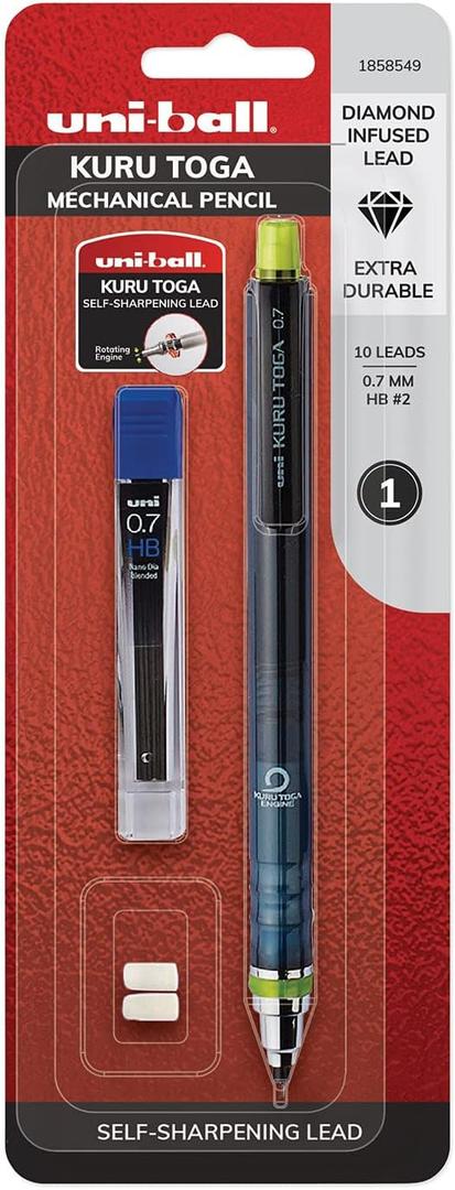 uni-ball Kuru Toga Mechanical Pencil with 0.7 mm Lead Refills & Pencil Erasers, HB #2