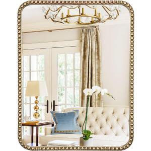 24"x36" Antique Gold Mirror with Beaded Frame, Gold Framed Mirrors for Bathroom, Rectangle Brass Decorative Mirror for Vanity Ornate Bedroom Living Room Hallway Fireplace