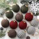 12 Pcs Large 3.15 Inch Farmhouse Christmas Ornaments Burgundy Olive Green Crochet Christmas Balls Modern Handmade Woven Knitted Cotton Brown Baubles for Xmas Tree Rustic Holiday Decor