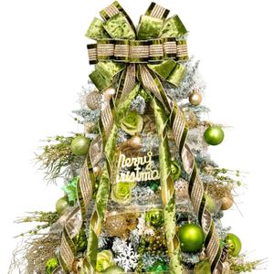 Christmas Tree Topper Bow53 x 13 Inches Velvet Large Christmas Bow Decor with Long Glittering Streamer LineXmas Decorations for Tree Wreath Door Festival Home(Olive Green & Gold Line)