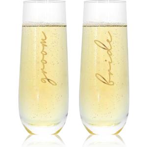 Mr&MrsGifts Bride and Groom Champagne Glasses Set of 2 - Stemless Crystal Flutes for Wedding/Anniversary, 10oz Lead-Free Elegant Toasting Cups, 24K Gold Logo, Romantic Gift for Him & Her(A:GB)