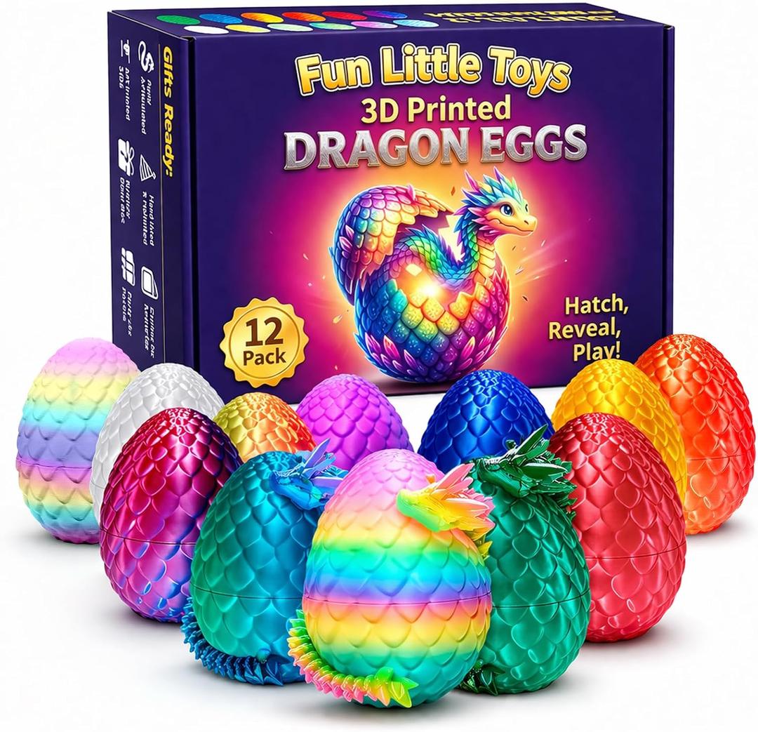 12 Pack 3D Printed Dragon Toys, Flexible Articulated Fidget Dragons in Surprise Eggs, Collectible Desk Toys, Party Favors & Classroom Prizes for Kids