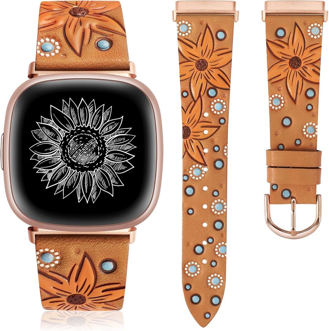 Minyee Leather Band Compatible with Fitbit Versa 4/Versa 3/Fitbit Sense 2/Sense Band Women, Boho Western Embossed Sunflower Floral Designer Cute Fancy Slim Thin Leather Strap for Versa 4 Smartwatch