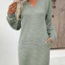 EVALESS Womens Fall Dresses 2026 Long Sleeve V Neck Casual Dress Textured Loose Fit Shift Mini Dress with Pockets (M)