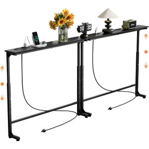 GRLEAF 2 Pack Adjustable Height Narrow Console Table with Power Outlets, 78.7" Long Sofa Table with Charging Station Behind Couch Table Skinny Entryway Table for Living Room and Hallway Black