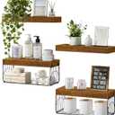 4 Pack Wall Mounted Rustic Wood Floating Shelves with 2 iron Hanging Baskets, Bathroom Shelves Over Toilet, Toilet Paper Storage, Farmhouse Decor Hanging Shelf for Living Room, Kitchen, 16 Inch, Brown