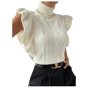 Floerns Women's Ruffle Trim Cable Knit Sweater Vest Turtleneck Sleeveless Tank Tops Beige Small