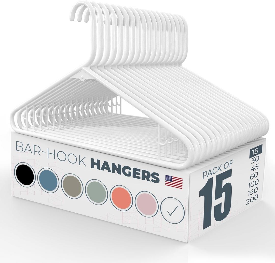 Plastic Hangers 15 Pack Made in The USA 6lb Capacity Standard Clothes Hangers with Strap Hooks for Dresses, Lingerie, Shirts, Pants, and Jackets White