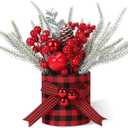 Valentines Day Decorations Valentine's Day Table Centerpieces Buffalo Check Plaid Artificial Tree Decor with Pine Cone Berry Gifts for Festival Winter Party Indoor Home Office Decor(Red)