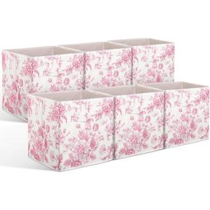 Geelin 6 Pcs Pink Floral Cube Storage Bins 11 Inch Pink Flower Storage Basket with Handle, Preppy Girls Organizer Basket, Collapsible Fabric Box for Classroom Bedrooms Office Home Decoration Gift (27*27*27cm)