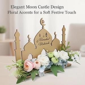 Fadraney Ramadan Mubarak Table Decor with Flowers, Wooden Castle Centerpiece, Elegant Islamic Home Decoration for Eid & Ramadan Holidays