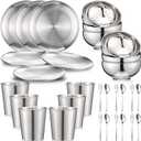 Jinei 30 Pcs 304 Stainless Steel Dinner Set Stainless Steel Plates and Bowls Include Plates Bowls Cups Forks Spoons Utensil Reusable Metal Camping Dinnerware Tableware for Home Picnic Kitchen(Silver) (Small)