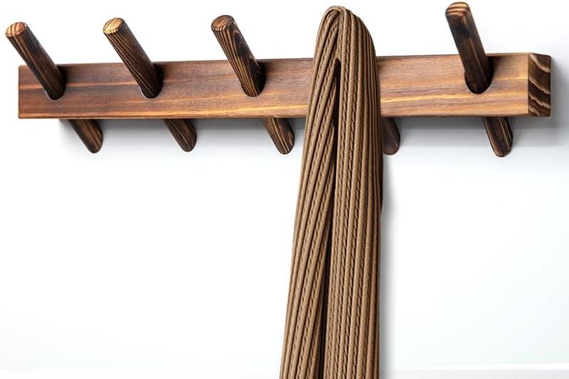 Rustic Wooden Wall Mounted Coat Rack, 5 Hooks, Solid Wood Construction (Carbonization, 5 Hooks)