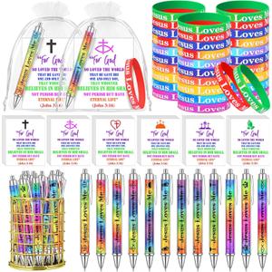 Gersoniel 24 Pack Jesus Loves Me Christian Gift Set with Bible Verse Pens, Silicone Bracelets, Inspirational Cards & Organza Bags for Church Sunday VBS Party Favors Religious Supplies